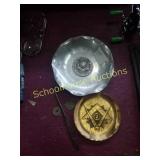 Pair of coin dishes, tokens, hook
