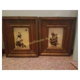 Pair of birds pictures, made out of wood. Signed