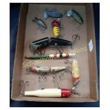 Flat of Vintage Wood Fishing Lures x9 some marked