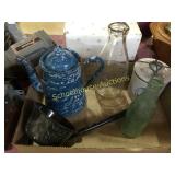 Flat of kitchen. 2 enamelware, 2 bottles, &