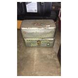 Two matching metal tackle boxes one full of