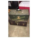 Two metal tackle boxes one with a little love in