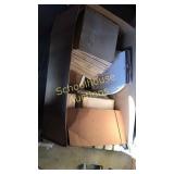 Large box of 12" white tile and a toilet seat