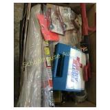 Box of misc, wheel lock , first aide kit, safety