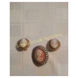 Group of 3 unmarked cameos. 1 brooch and pair of