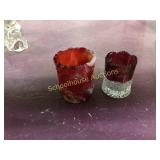 2 glass toothpick holders. Red orange slag