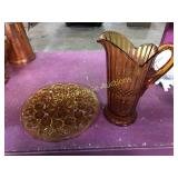 Pair of amber glass. Deviled egg platter & tall