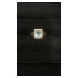 10k gold emerald cut aquamarine & diamond ring