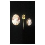 Victorian jewelry lot. Shell cameo, cherub stick
