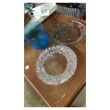 2 large glass festive platters & large blue glass