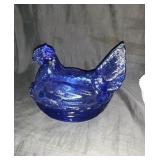 Hens on Nest 6" Blue Glass