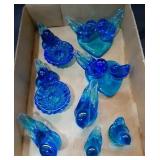 Flat of Blue Glass Birds , 2 are Candle Holders