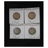 4 Barber Quarters 1913, 1911, 1909, 1914