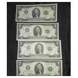 Uncirculated $2 dollar Bills 4 pc Consecutive