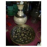 Brass/enamel vase and footed bowl