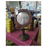Wood pedestal vanity mirror with awes ok me