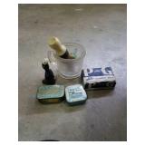 Group with shaving cup and brush, 2 old tins, pie