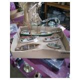 Lot of 5 wooden sailboats.