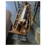 Wooden shelves and a bench