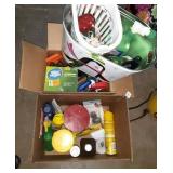 2 boxes and a metal  bucket with cleaning