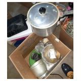 Box of kitchen pans and more