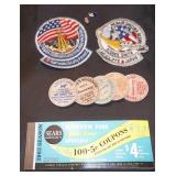 Vtg Patriotic Patches+ Pins, Sears Coupon Book