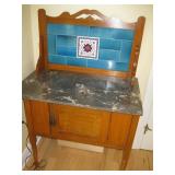 Vtg Marble Top Washstand w/ Blue Tile Backsplash