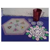 Vtg Alum. Pitcher, Beaded+ Doily