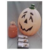 Blow Mold Lighted Pumpkin, Lights & Candy Bucket