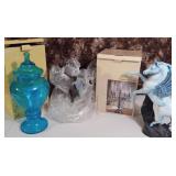 Ceramic Pegasus, Candelabra, Blue Swirl Glass Jar