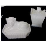 Vtg Westmoreland Milkglass Covered Lion Dish+
