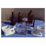 Vtg Brown Bottles, Donkey/ Wagon Planters,Glasses+