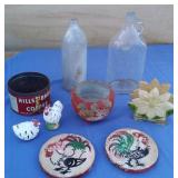 Vtg Bottles, Pottery, Coffee Tin, Napkin Holder