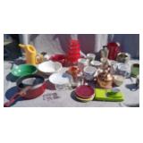 Copper Tea Pot, Mikasa China, Glass Bowls w/ Lids+