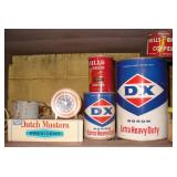 Vtg DX Oil Cans, Hills Bro Tins, Clock