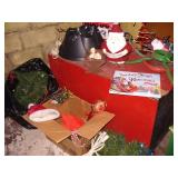 Vtg Red Wooden Box & Christmas Decor