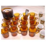 Vtg Brazil Brown Glass & Porc Mini Cups & Saucers