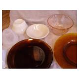 Vtg Pink Depression, Amber Dessert Plates & Hall