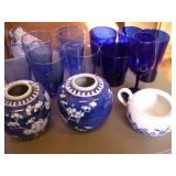 Blue Glassware & Porcelain Asian Vases
