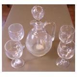 Vtg Glass Decanter & 4 Wine Glasses