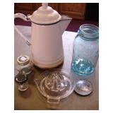 Vtg Blue Ball Jar, Juicer & Enamel Coffee Pot