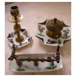 Vtg Guardian Angel Brass & Porcelain Set