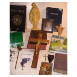 Vtg Religous Cast Iron & Chalk Statues, Bibles, +