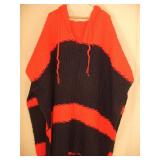 Vtg Red & Navy Handknit Hooded Poncho