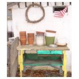 Multi-colored Wood Potting Table & Clay Pots