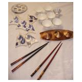 Oriental Lot- Sake Cups, Chop Sticks, Chimes