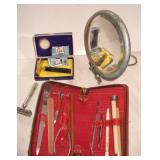 Vtg Gillette Gold Razor, Mani Kit & Beveled Mirror