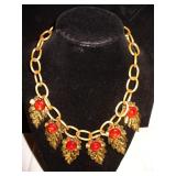 Vtg Necklace -Goldtone Leaves Red Glass Beads