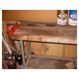 Rustic Industrial Work Bench /Vice & Oil Cans