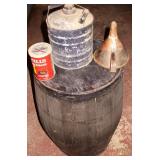 Antique Black Wood Barrel, Metal Oil Can & Funnel